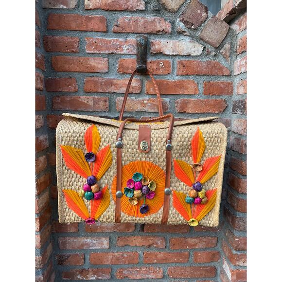 raffia straw suitcase shoulder bag floral orange pink yellow - Picture 1 of 15